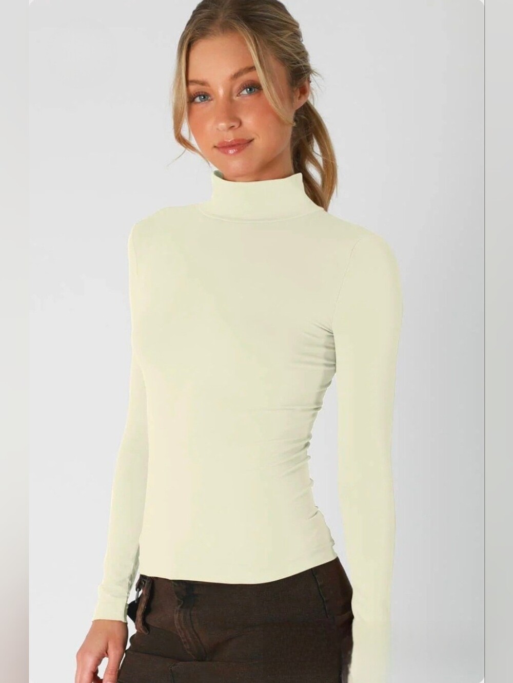 NikiBiki Long Sleeve Mock Neck Top Butter Cream Minimalist One Size Juniors